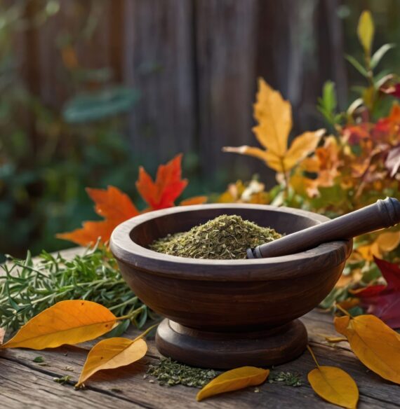 Wooden mortar filled with dried herbs sits on a rustic table with leaves and glowing lantern Perfect for herbal medicine product promotion.
