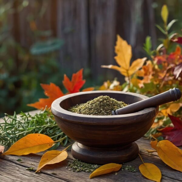 Wooden mortar filled with dried herbs sits on a rustic table with leaves and glowing lantern Perfect for herbal medicine product promotion.